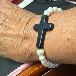Stone Cross  with White Cultured Pearl Pearl Bracelet ( Brand New)